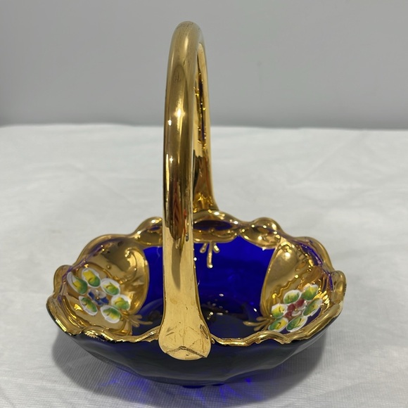 BOHEMIAN CRYSTAL BASKET 24K gold Moser Vintage Czech Cobalt Blue Enamel Painted - Picture 4 of 16